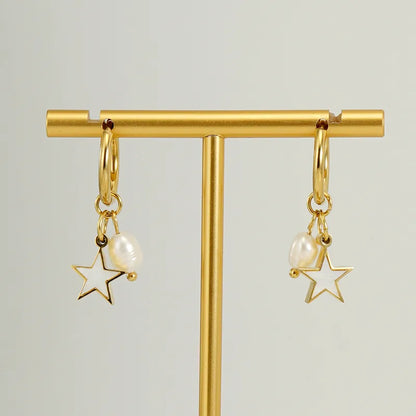 1 Pair Fashion Star Pearl Plating Inlay 304 Stainless Steel Shell 18K Gold Plated Drop Earrings