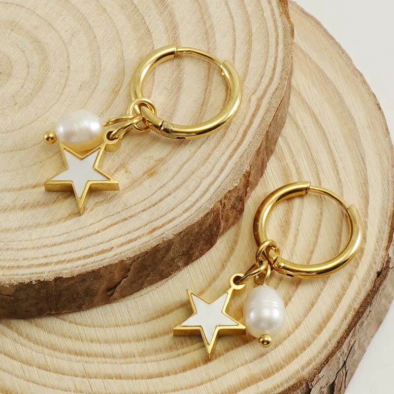 1 Pair Fashion Star Pearl Plating Inlay 304 Stainless Steel Shell 18K Gold Plated Drop Earrings