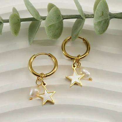 1 Pair Fashion Star Pearl Plating Inlay 304 Stainless Steel Shell 18K Gold Plated Drop Earrings