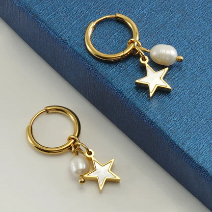 1 Pair Fashion Star Pearl Plating Inlay 304 Stainless Steel Shell 18K Gold Plated Drop Earrings