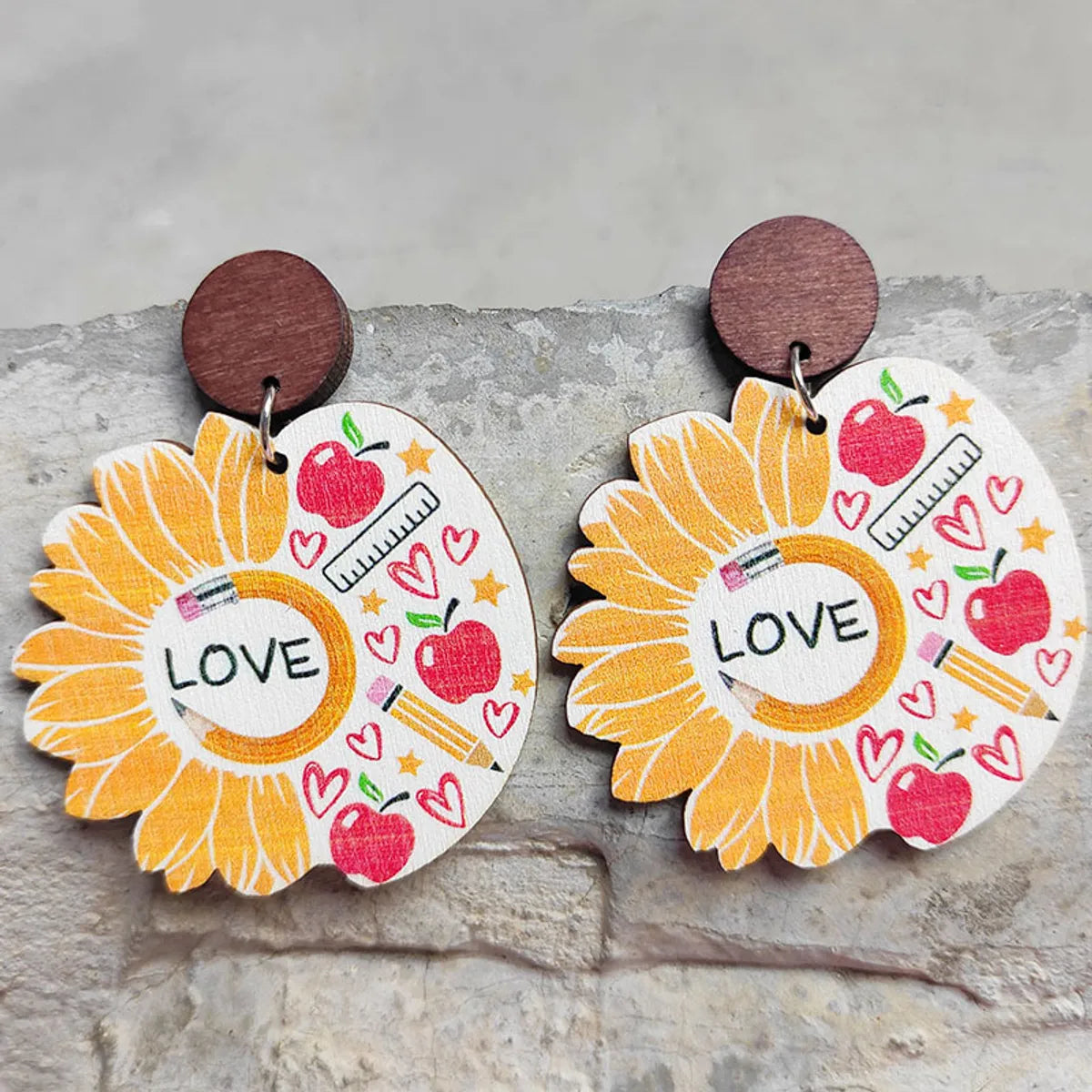 1 Pair Fashion Sunflower Letter Wood Patchwork Women's Drop Earrings