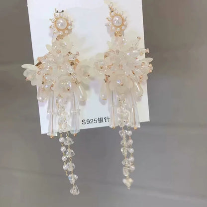 1 Pair Fashion Tassel Flower Artificial Crystal Imitation Pearl Women'S Chandelier Earrings