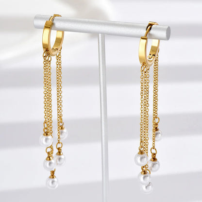 1 Pair Fashion Tassel Stainless Steel Plating Inlay Artificial Pearls Drop Earrings