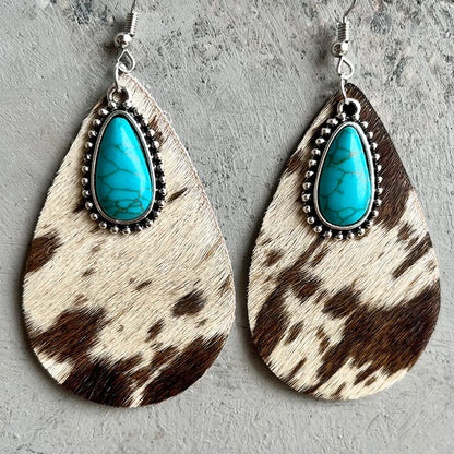 1 Pair Fashion Water Droplets Leopard Plating Inlay Alloy Leather Turquoise Drop Earrings