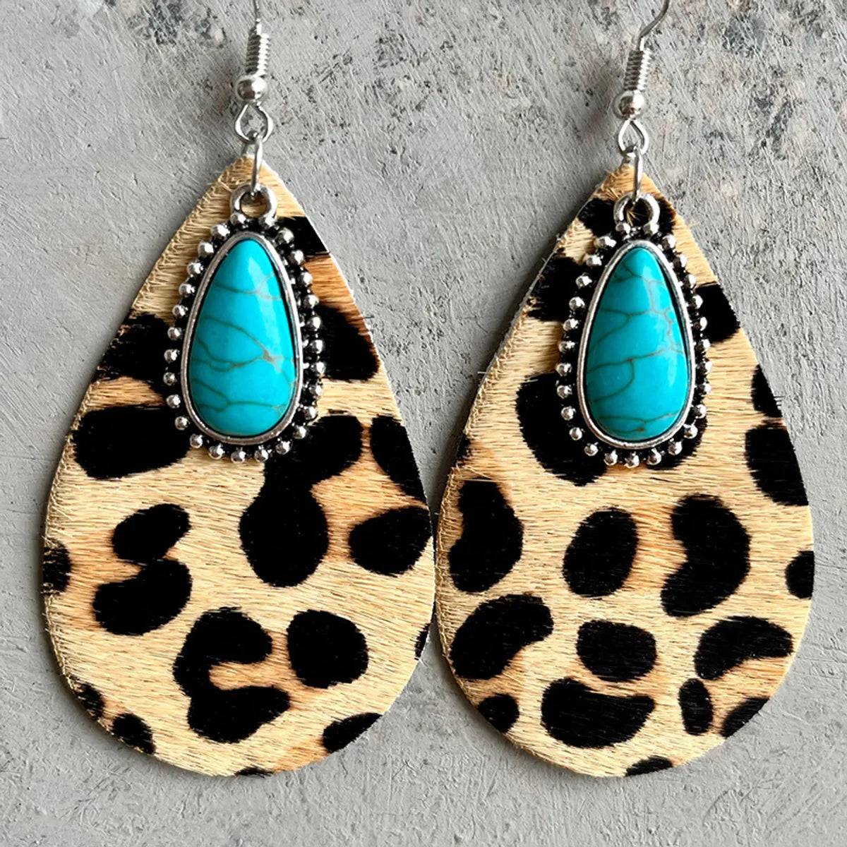 1 Pair Fashion Water Droplets Leopard Plating Inlay Alloy Leather Turquoise Drop Earrings