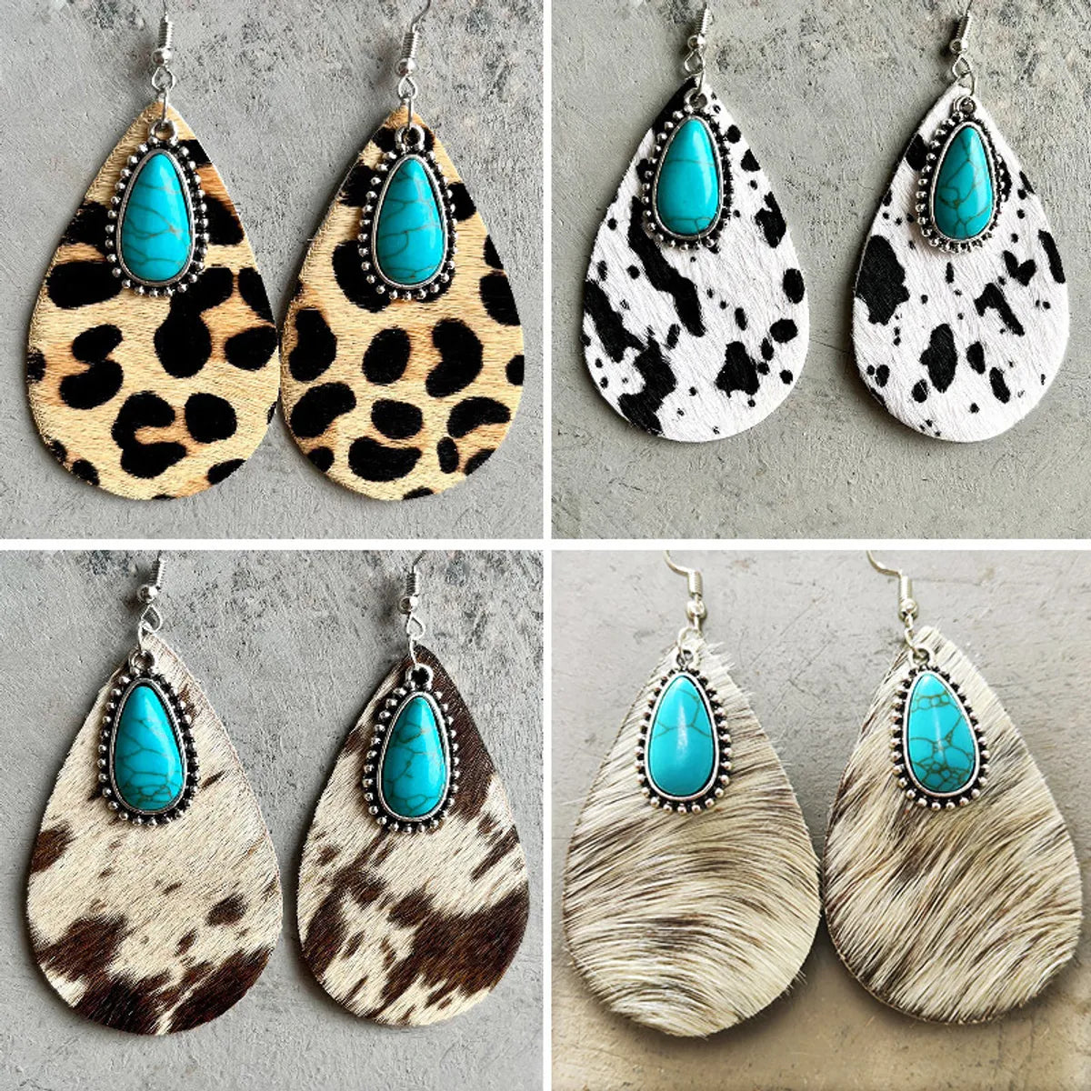 1 Pair Fashion Water Droplets Leopard Plating Inlay Alloy Leather Turquoise Drop Earrings