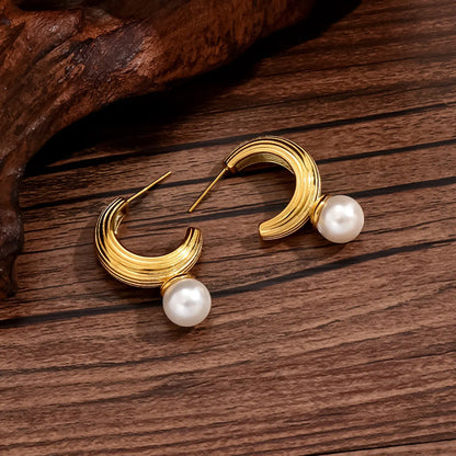 1 Pair French Style C Shape Inlay Stainless Steel Pearl 14k Gold Plated Ear Studs