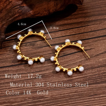 1 Pair French Style C Shape Inlay Stainless Steel Pearl 14k Gold Plated Ear Studs