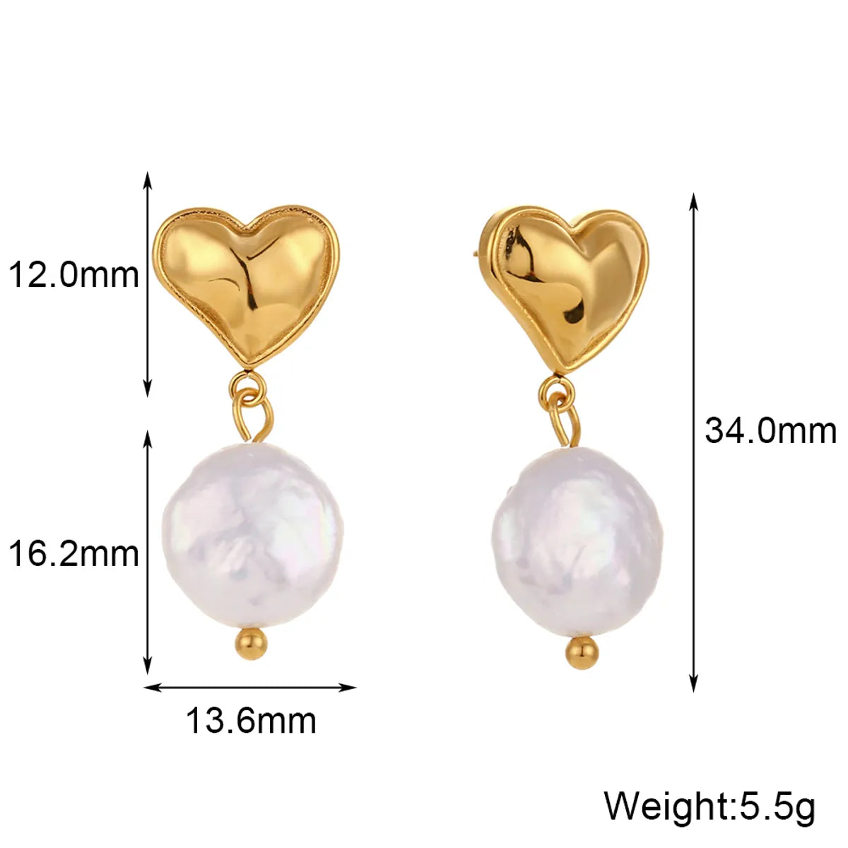 1 Pair French Style Heart Shape Plating 304 Stainless Steel Freshwater Pearl 18K Gold Plated Drop Earrings