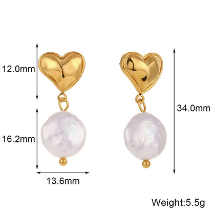 1 Pair French Style Heart Shape Plating 304 Stainless Steel Freshwater Pearl 18K Gold Plated Drop Earrings