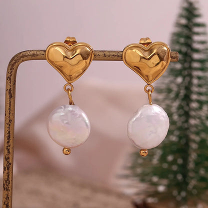 1 Pair French Style Heart Shape Plating 304 Stainless Steel Freshwater Pearl 18K Gold Plated Drop Earrings