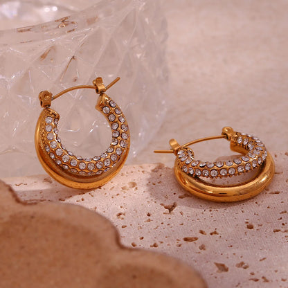 1 Pair French Style Round Plating Inlay 304 Stainless Steel Zircon 18K Gold Plated Hoop Earrings