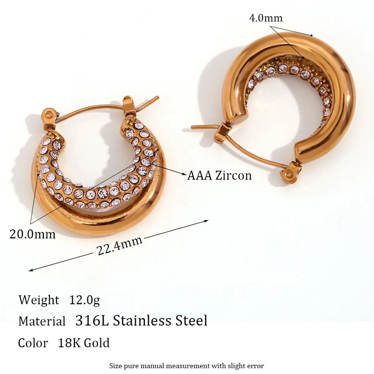 1 Pair French Style Round Plating Inlay 304 Stainless Steel Zircon 18K Gold Plated Hoop Earrings