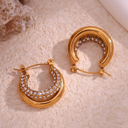 1 Pair French Style Round Plating Inlay 304 Stainless Steel Zircon 18K Gold Plated Hoop Earrings