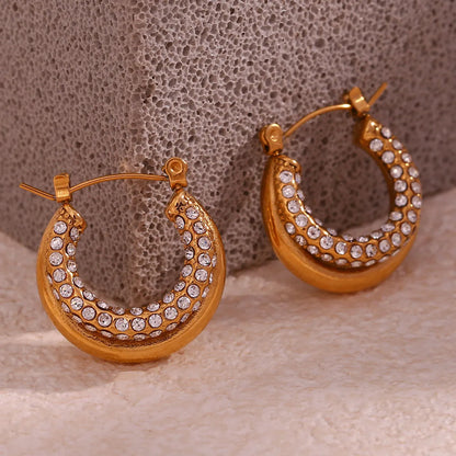 1 Pair French Style Round Plating Inlay 304 Stainless Steel Zircon 18K Gold Plated Hoop Earrings