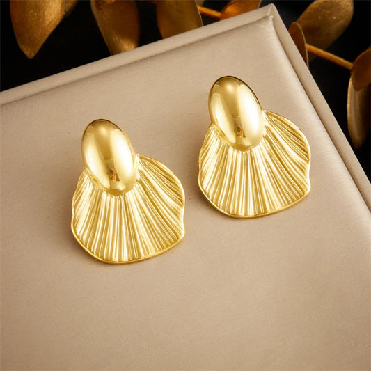 1 Pair French Style Sector Pleated 304 Stainless Steel 18K Gold Plated Ear Studs