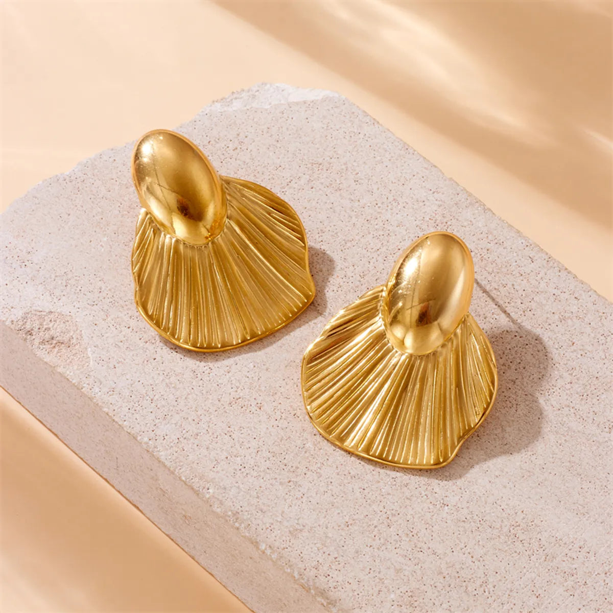 1 Pair French Style Sector Pleated 304 Stainless Steel 18K Gold Plated Ear Studs