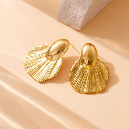 1 Pair French Style Sector Pleated 304 Stainless Steel 18K Gold Plated Ear Studs