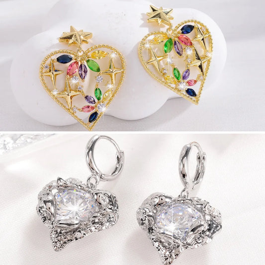 1 Pair French Style Shiny Heart Shape Hollow Out Inlay Copper Zircon 18k Gold Plated Silver Plated Drop Earrings