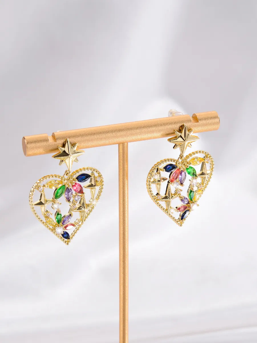 1 Pair French Style Shiny Heart Shape Hollow Out Inlay Copper Zircon 18k Gold Plated Silver Plated Drop Earrings