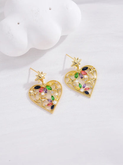 1 Pair French Style Shiny Heart Shape Hollow Out Inlay Copper Zircon 18k Gold Plated Silver Plated Drop Earrings