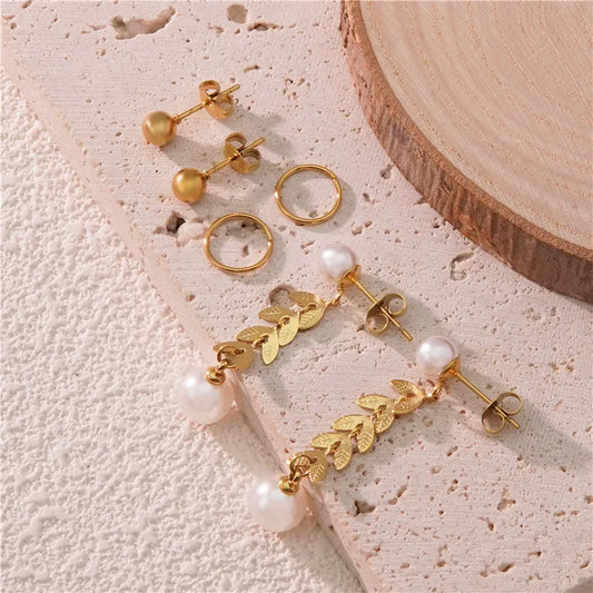 1 Pair French Style Simple Style Classic Style Leaf Circle Inlay 201 Stainless Steel 304 Stainless Steel Pearl 18K Gold Plated Drop Earrings Earrings Ear Studs