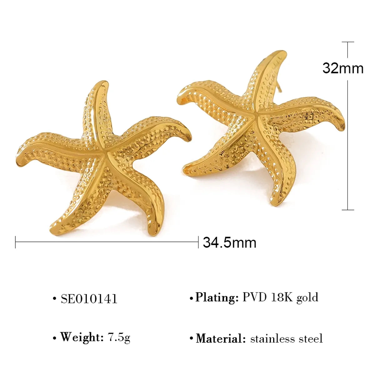 1 Pair French Style Simple Style Classic Style Starfish Polishing 304 Stainless Steel 18K Gold Plated Ear Studs