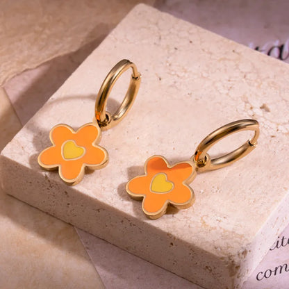 1 Pair French Style Simple Style Double Ring Oval Flower Enamel Plating 304 Stainless Steel Earrings