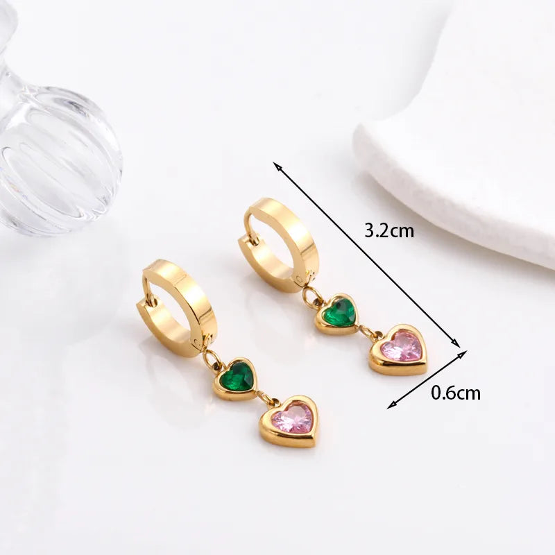 1 Pair French Style Simple Style Heart Shape 304 Stainless Steel Zircon Drop Earrings