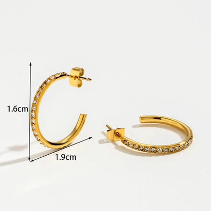 1 Pair French Style Simple Style Korean Style C Shape Round Grain Plating Inlay Stainless Steel Zircon 18k Gold Plated Earrings