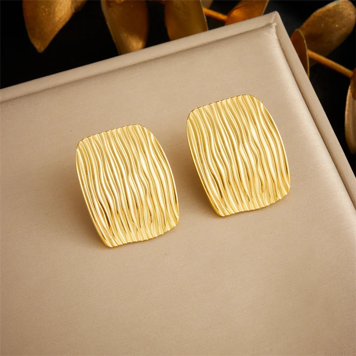 1 Pair French Style Square Pleated 304 Stainless Steel 18K Gold Plated Ear Studs