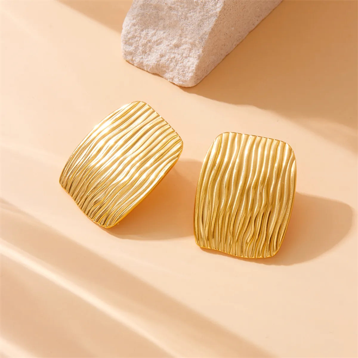 1 Pair French Style Square Pleated 304 Stainless Steel 18K Gold Plated Ear Studs