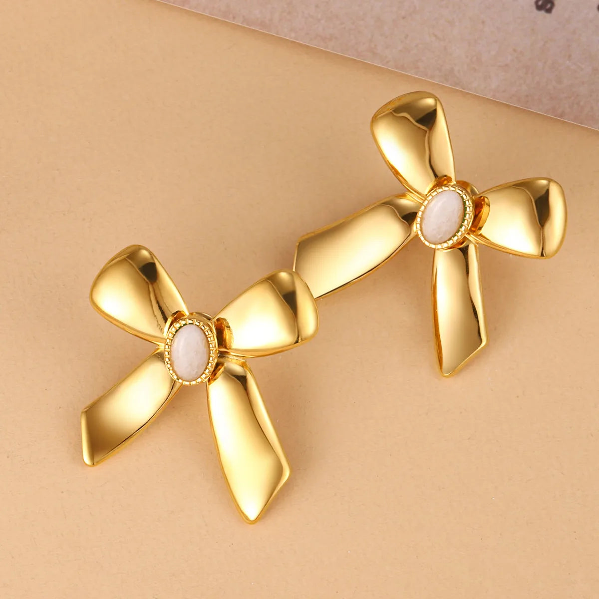 1 Pair French Style Sweet Bow Knot Inlay 304 Stainless Steel Turquoise 14K Gold Plated Ear Studs