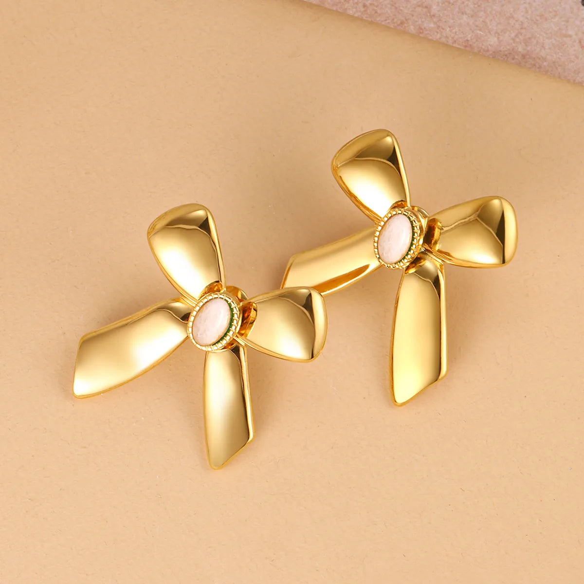 1 Pair French Style Sweet Bow Knot Inlay 304 Stainless Steel Turquoise 14K Gold Plated Ear Studs