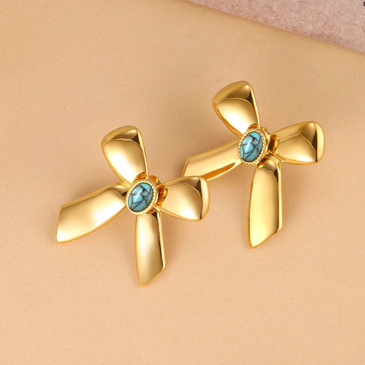 1 Pair French Style Sweet Bow Knot Inlay 304 Stainless Steel Turquoise 14K Gold Plated Ear Studs