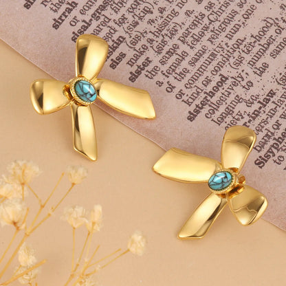 1 Pair French Style Sweet Bow Knot Inlay 304 Stainless Steel Turquoise 14K Gold Plated Ear Studs