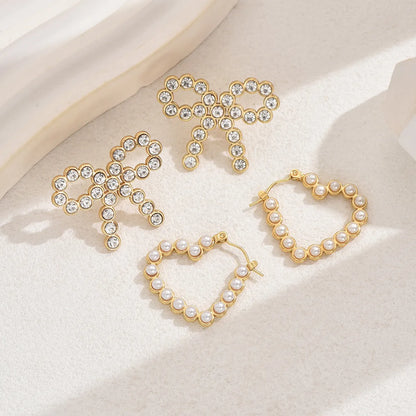 1 Pair French Style Sweet Commute Heart Shape Bow Knot Inlay 201 Stainless Steel Plastic Rhinestones 18K Gold Plated Earrings Ear Studs