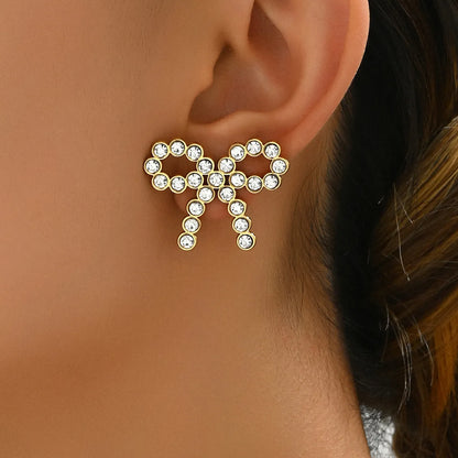 1 Pair French Style Sweet Commute Heart Shape Bow Knot Inlay 201 Stainless Steel Plastic Rhinestones 18K Gold Plated Earrings Ear Studs