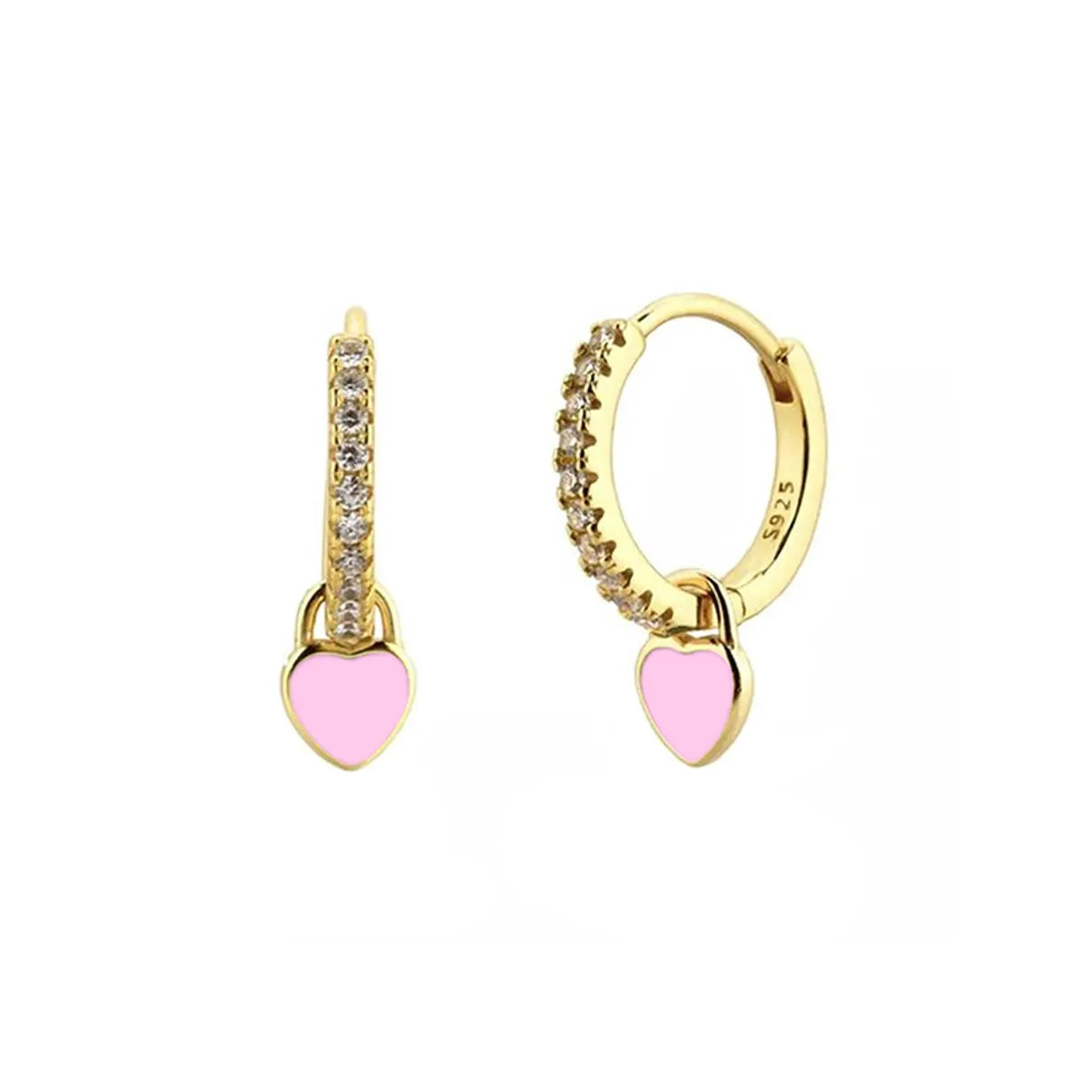 1 Pair French Style Sweet Heart Shape Copper Enamel Plating Inlay Zircon Gold Plated Drop Earrings