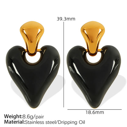 1 Pair French Style Sweet Heart Shape Polishing Epoxy Plating 304 Stainless Steel 18K Gold Plated Drop Earrings