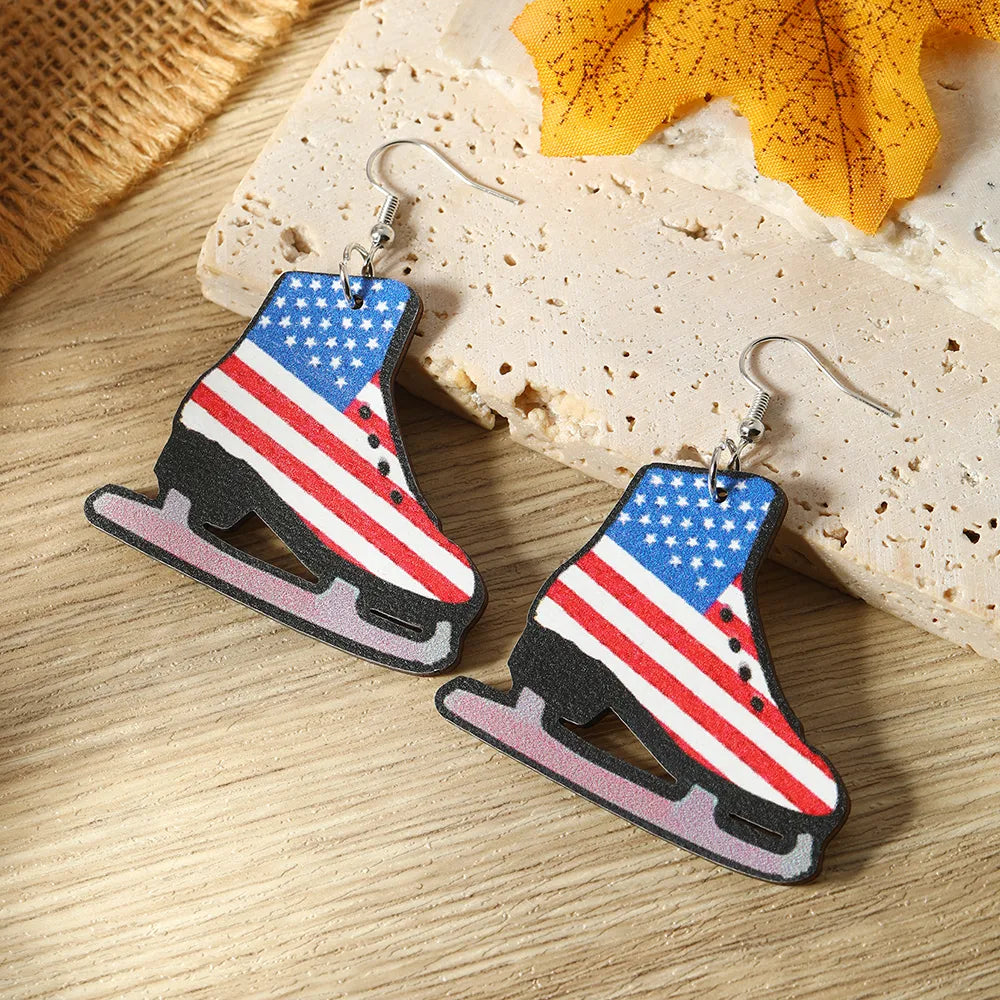 1 Pair Funny American Flag Painted Wood Drop Earrings