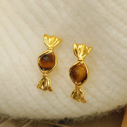 1 Pair Funny Bohemian Sweet Candy Inlay Copper Natural Stone 18K Gold Plated Ear Studs