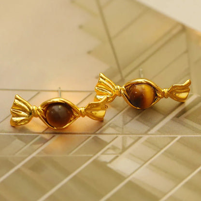 1 Pair Funny Bohemian Sweet Candy Inlay Copper Natural Stone 18K Gold Plated Ear Studs