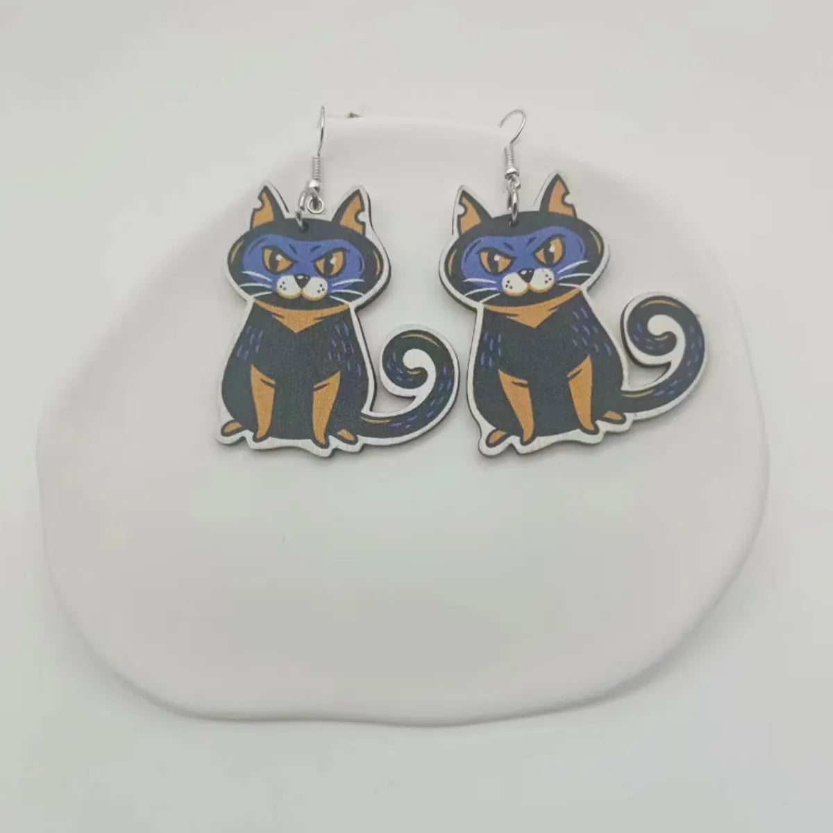 1 Pair Funny Cat Printing Wood Ear Studs