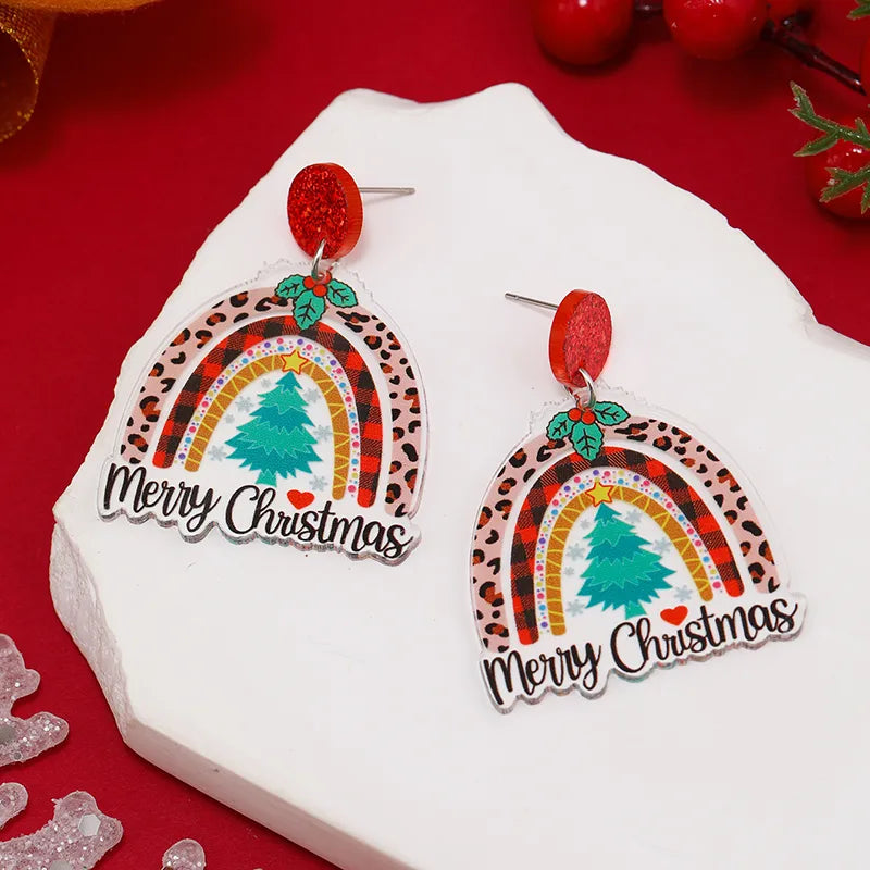 1 Pair Funny Christmas Tree Snowman Painted Arylic Drop Earrings