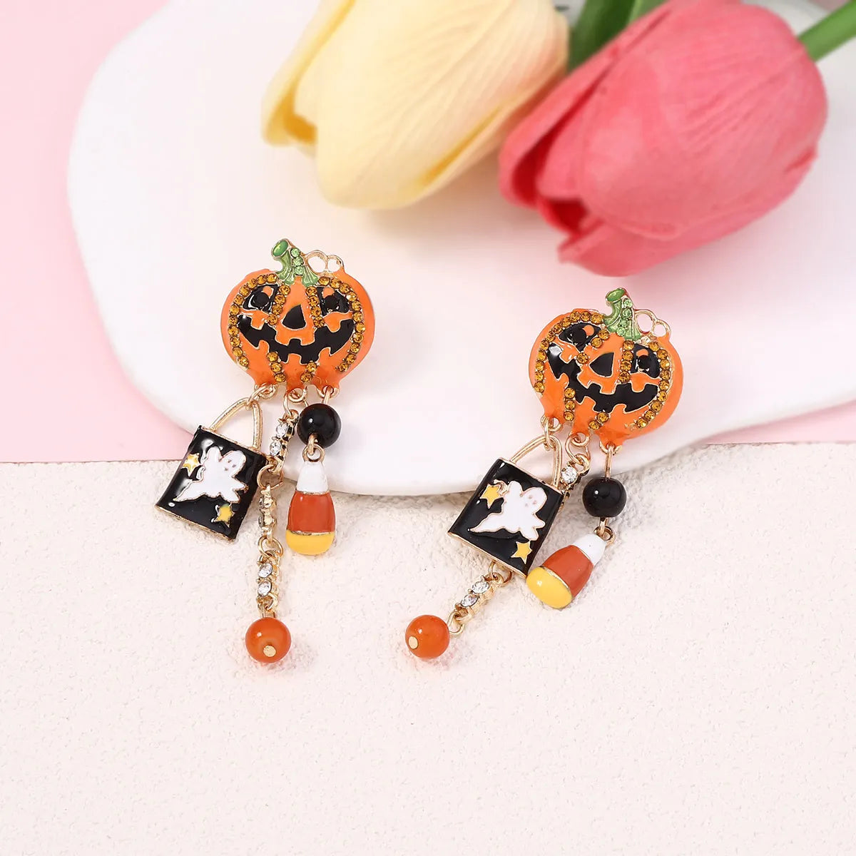 1 Pair Funny Cool Style Pumpkin Ghost Enamel Inlay Zinc Alloy Zircon Drop Earrings