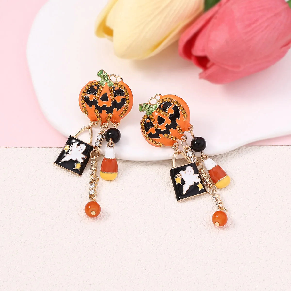 1 Pair Funny Cool Style Pumpkin Ghost Enamel Inlay Zinc Alloy Zircon Drop Earrings