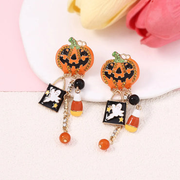 1 Pair Funny Cool Style Pumpkin Ghost Enamel Inlay Zinc Alloy Zircon Drop Earrings