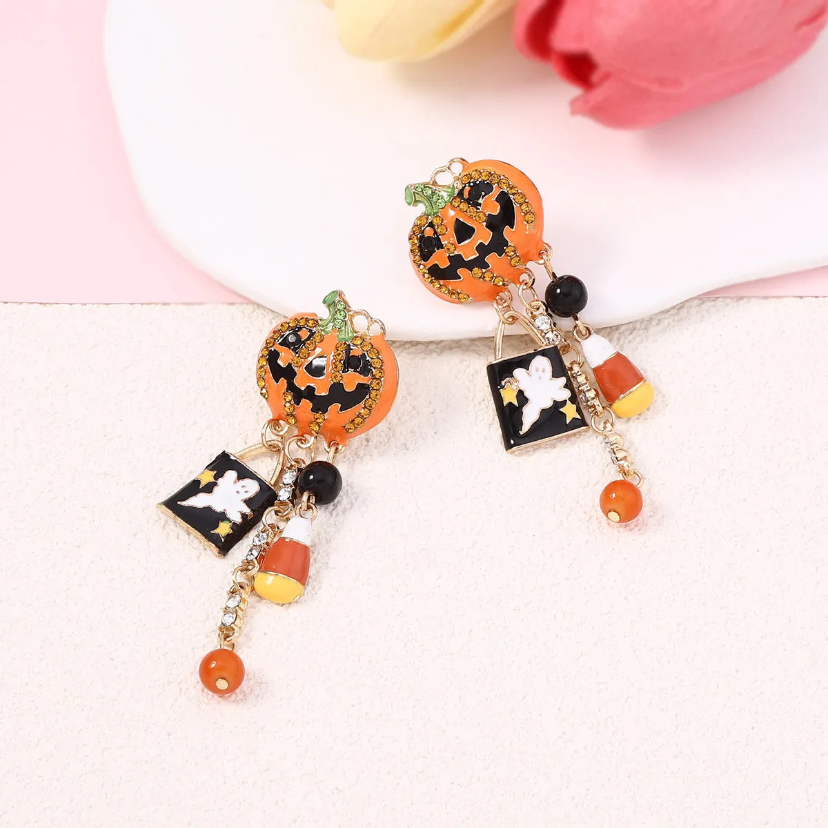 1 Pair Funny Cool Style Pumpkin Ghost Enamel Inlay Zinc Alloy Zircon Drop Earrings