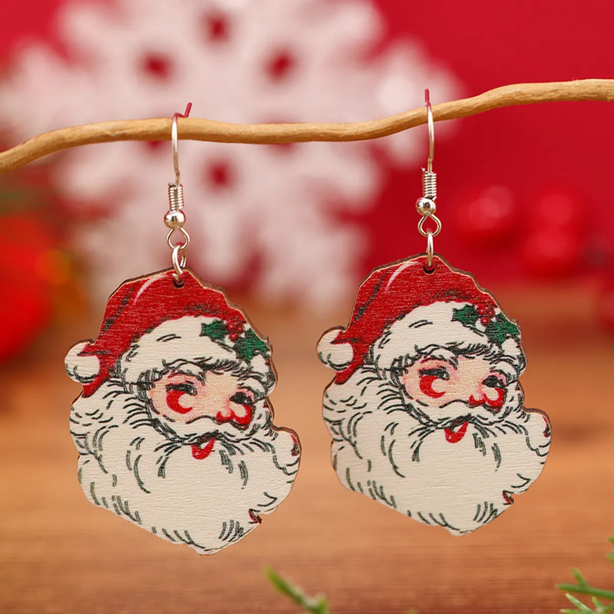 1 Pair Funny Pastoral Animal Santa Claus Wood Silver Plated Drop Earrings